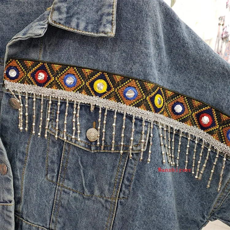 Spring Boho Heavy industry Embroidery Tassels Denim Jacket Women Frayed Burrs Casual Jeans Jacket Loose Long sleeve Female Coat