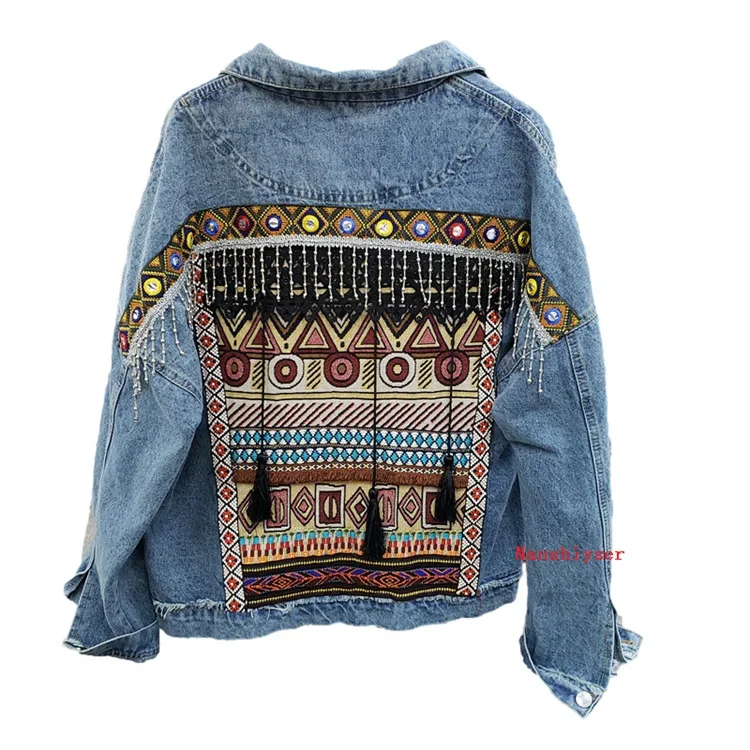 Spring Boho Heavy industry Embroidery Tassels Denim Jacket Women Frayed Burrs Casual Jeans Jacket Loose Long sleeve Female Coat