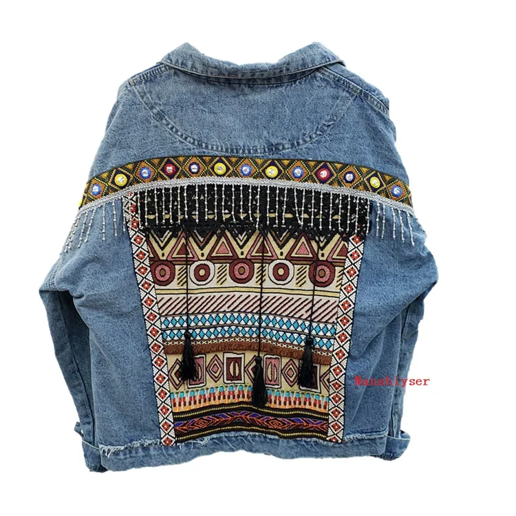 Spring Boho Heavy industry Embroidery Tassels Denim Jacket Women Frayed Burrs Casual Jeans Jacket Loose Long sleeve Female Coat