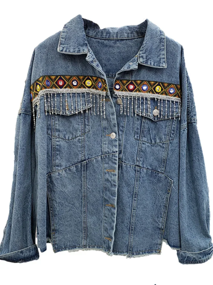 Spring Boho Heavy industry Embroidery Tassels Denim Jacket Women Frayed Burrs Casual Jeans Jacket Loose Long sleeve Female Coat