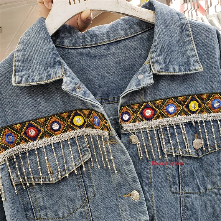 Spring Boho Heavy industry Embroidery Tassels Denim Jacket Women Frayed Burrs Casual Jeans Jacket Loose Long sleeve Female Coat