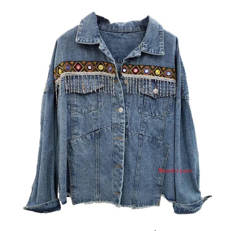 Spring Boho Heavy industry Embroidery Tassels Denim Jacket Women Frayed Burrs Casual Jeans Jacket Loose Long sleeve Female Coat