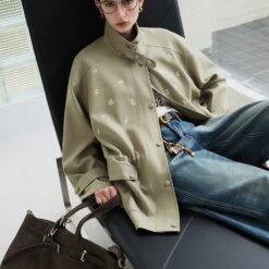 Premium Olive Green Embroidered Stand Collar Jacket