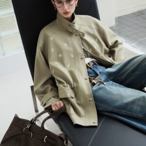 FSLE【Premium Series】New Women Olive Green Embroidered Stand Collar Jacket Loose Fit Workwear Style Boho Outerwear Relaxed Street
