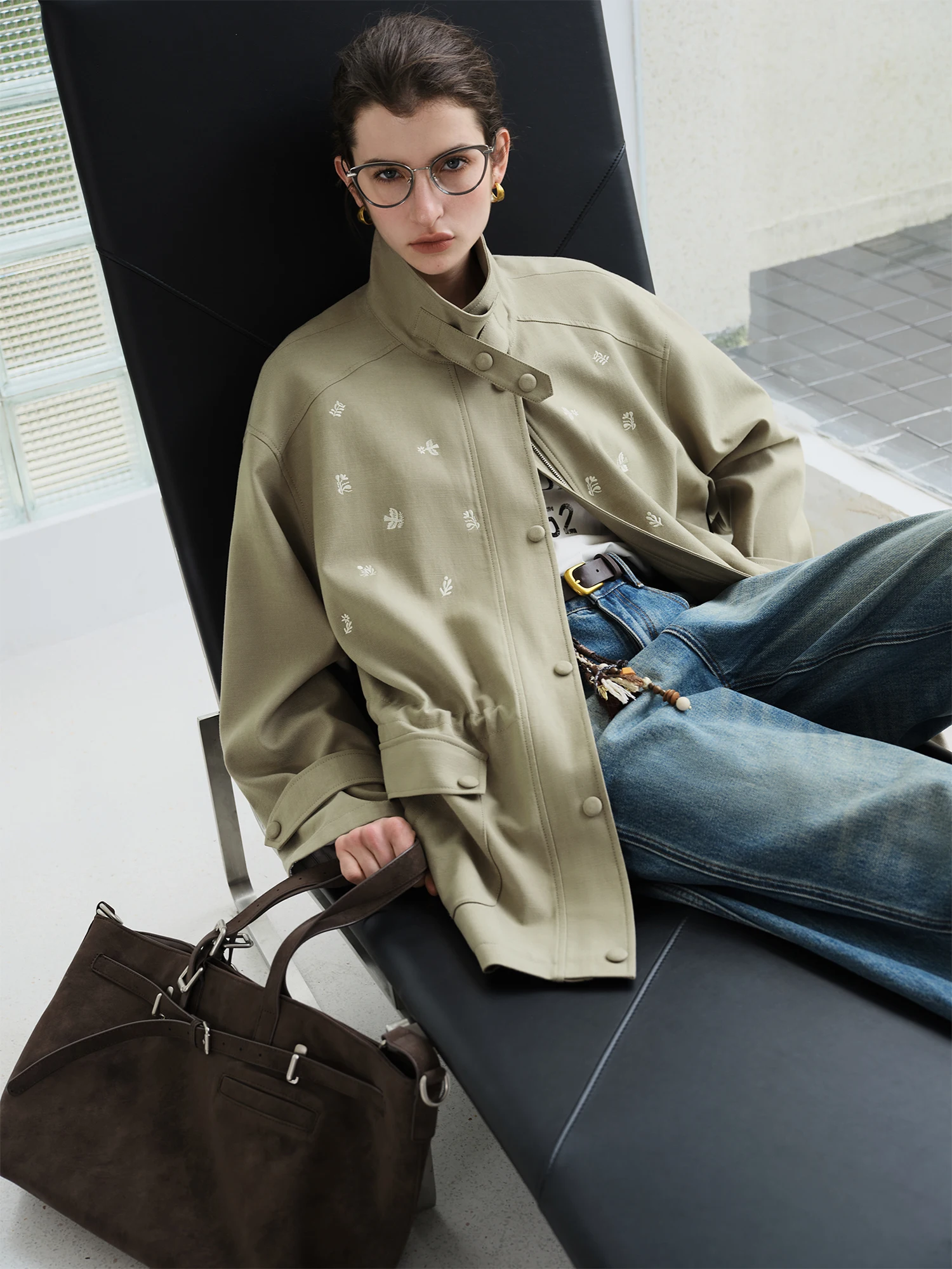 FSLE【Premium Series】New Women Olive Green Embroidered Stand Collar Jacket Loose Fit Workwear Style Boho Outerwear Relaxed Street