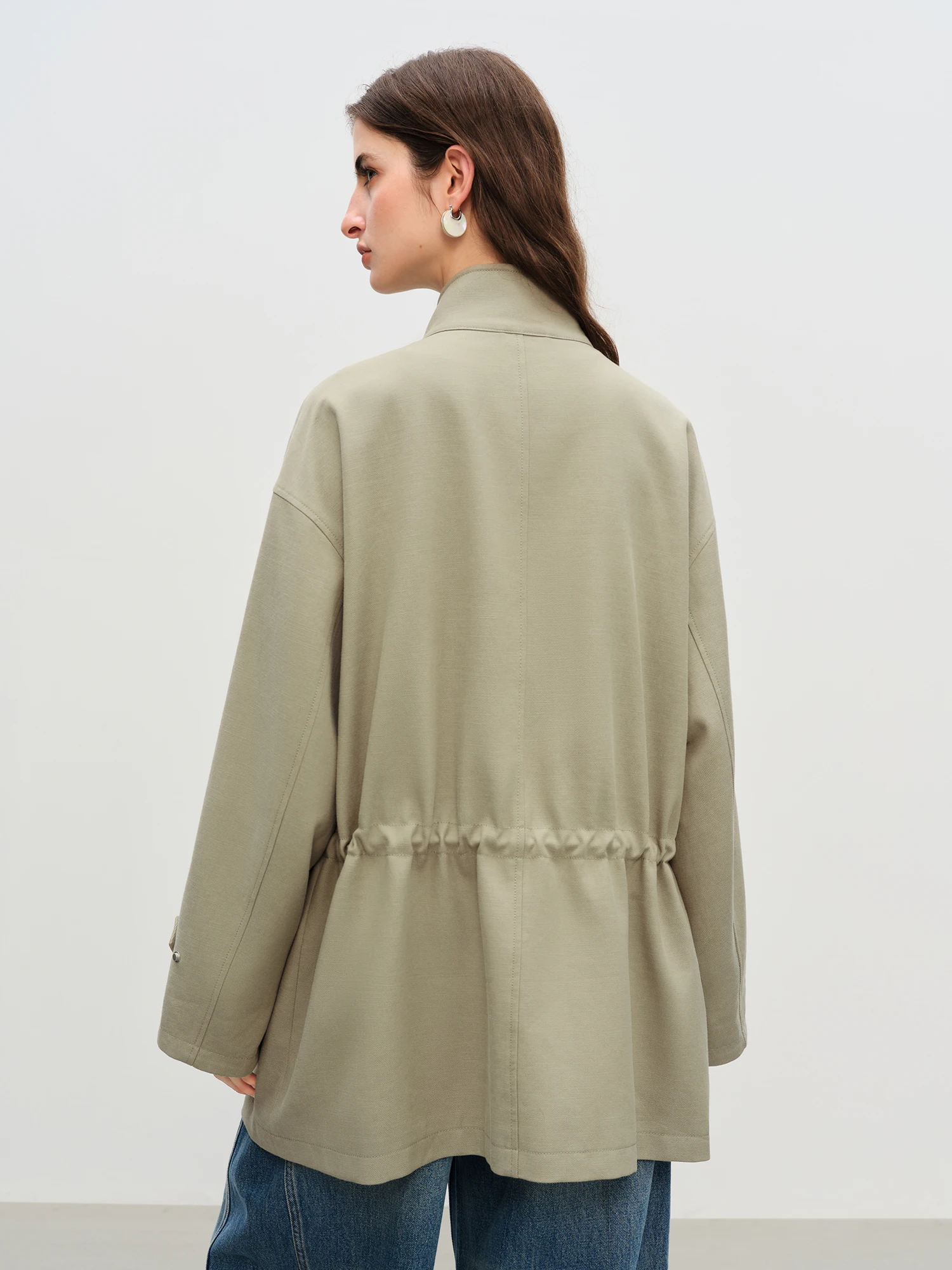 FSLE【Premium Series】New Women Olive Green Embroidered Stand Collar Jacket Loose Fit Workwear Style Boho Outerwear Relaxed Street