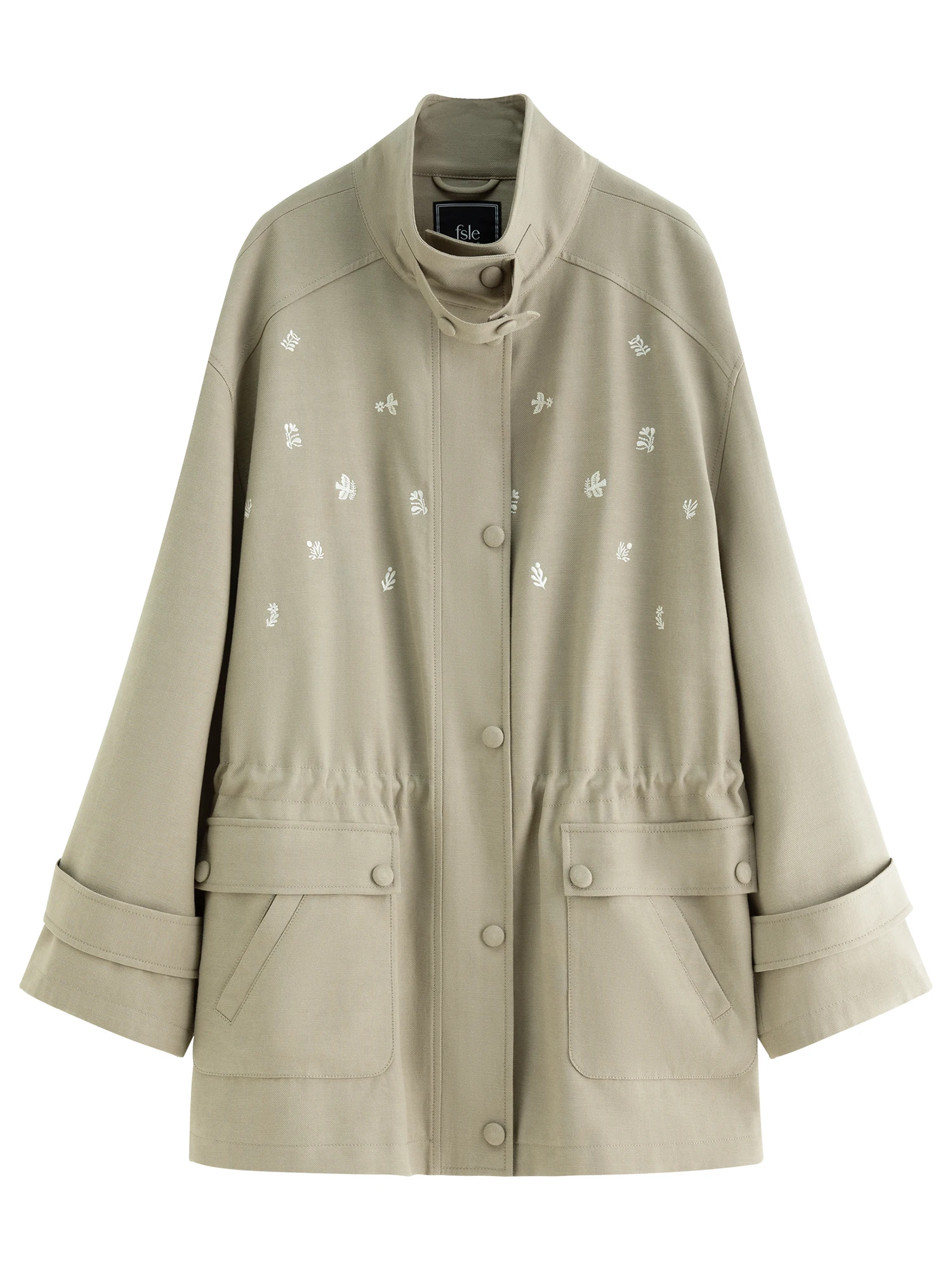 FSLE【Premium Series】New Women Olive Green Embroidered Stand Collar Jacket Loose Fit Workwear Style Boho Outerwear Relaxed Street