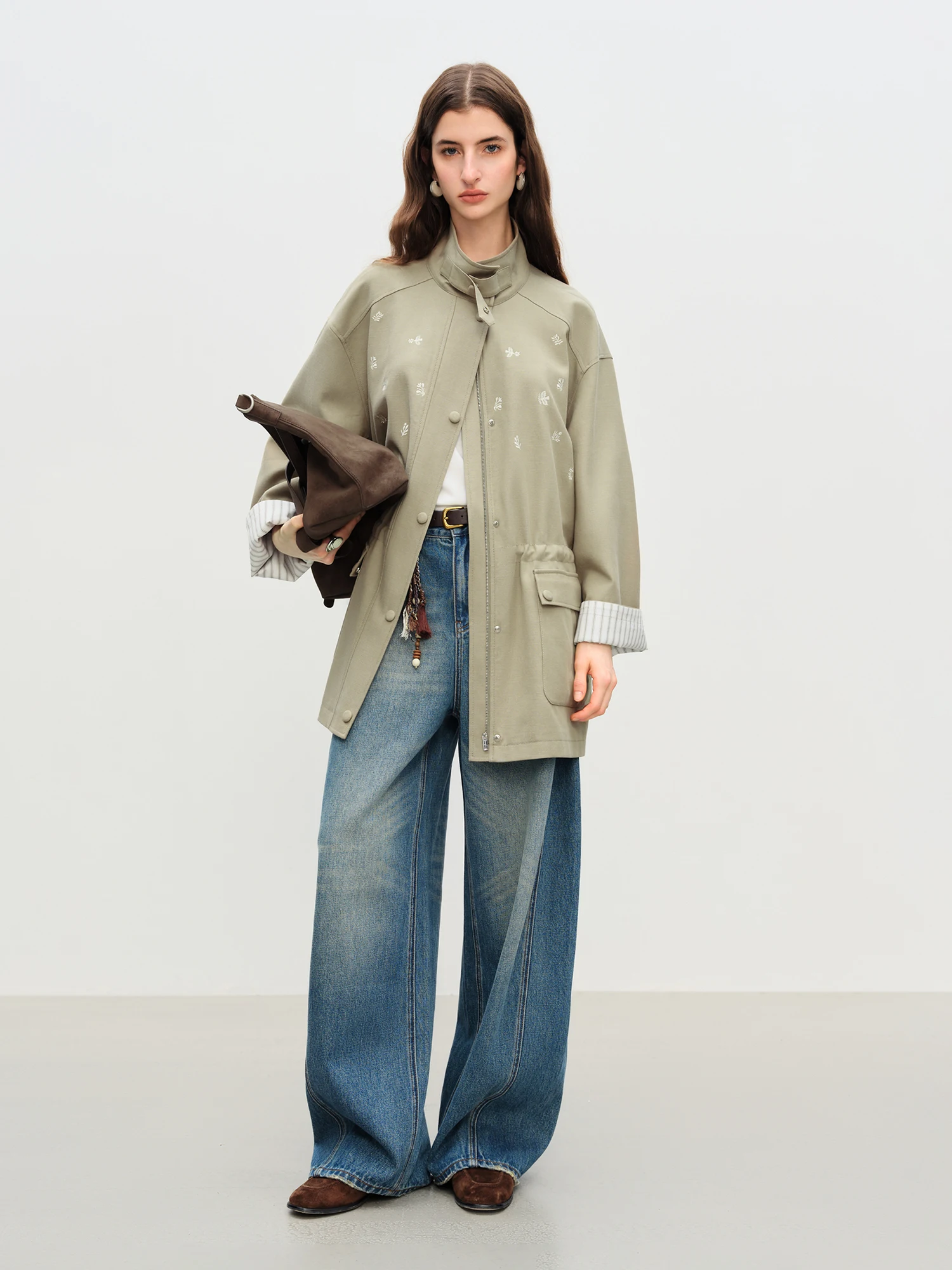 FSLE【Premium Series】New Women Olive Green Embroidered Stand Collar Jacket Loose Fit Workwear Style Boho Outerwear Relaxed Street