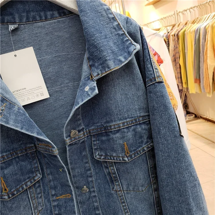 Boho Embroidery Big Pocket Denim Jacket Women Loose Short Cowboy Outerwear Vintage Blue Sequins Tassels Jeans Jacket Coat Female