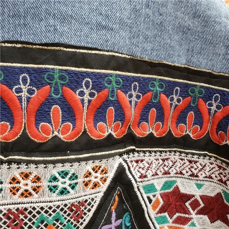 Boho Embroidery Big Pocket Denim Jacket Women Loose Short Cowboy Outerwear Vintage Blue Sequins Tassels Jeans Jacket Coat Female