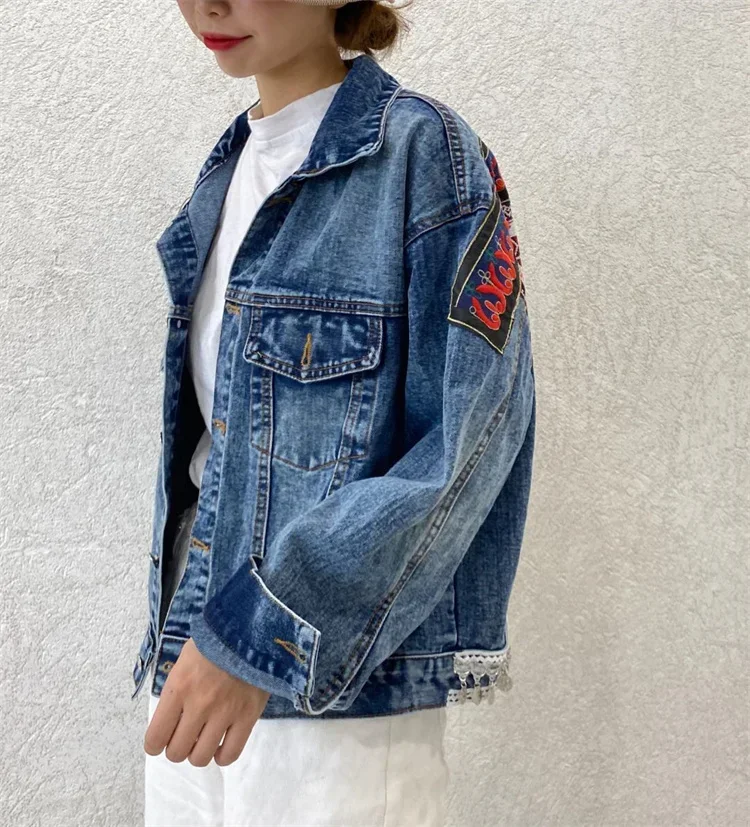 Boho Embroidery Big Pocket Denim Jacket Women Loose Short Cowboy Outerwear Vintage Blue Sequins Tassels Jeans Jacket Coat Female