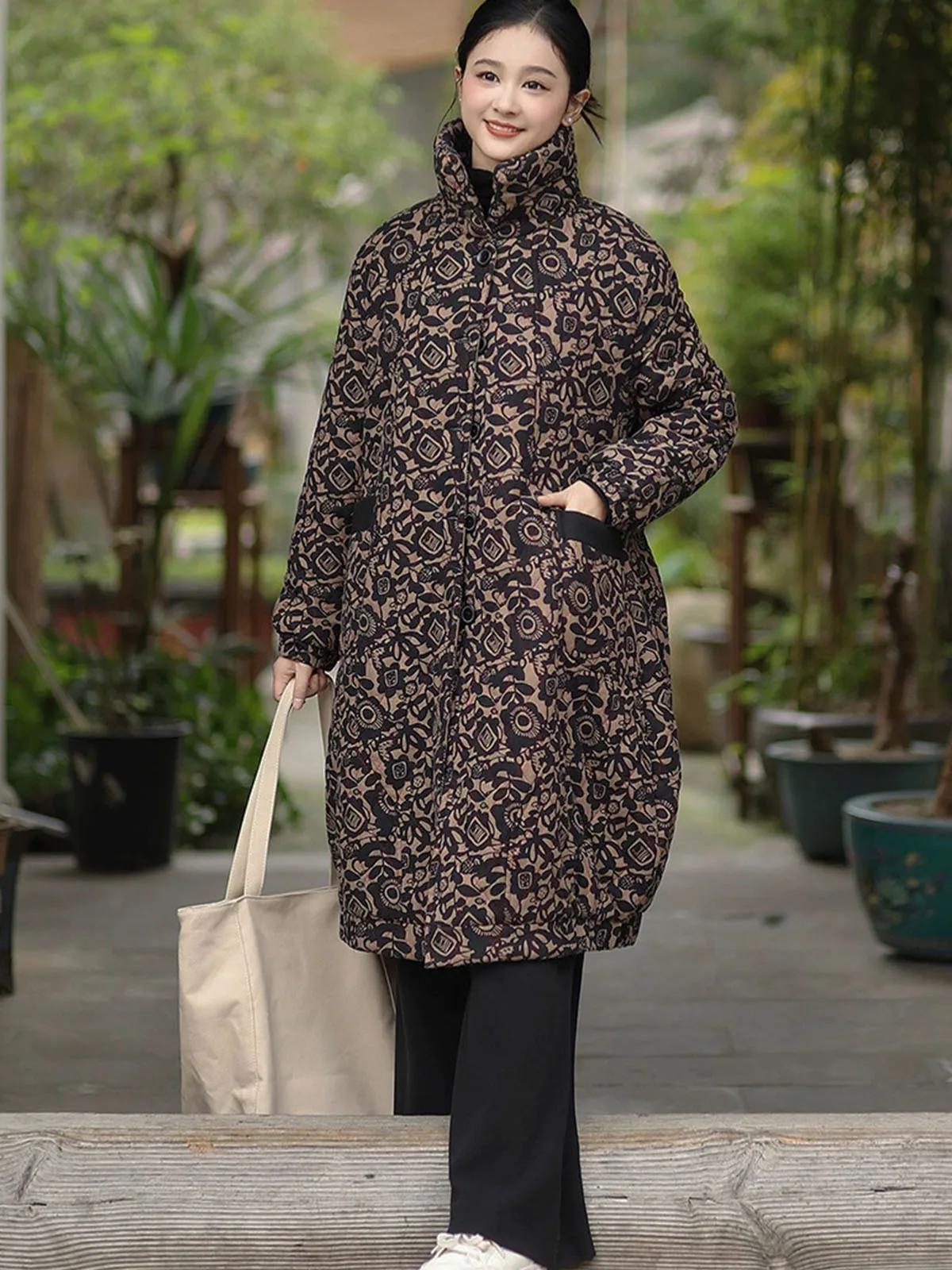 Women Fleece Lined Loose Jacket Boho Flower Printed High collar Button Down Retro Long Overcoat with Pockets Warm Winter Outwear