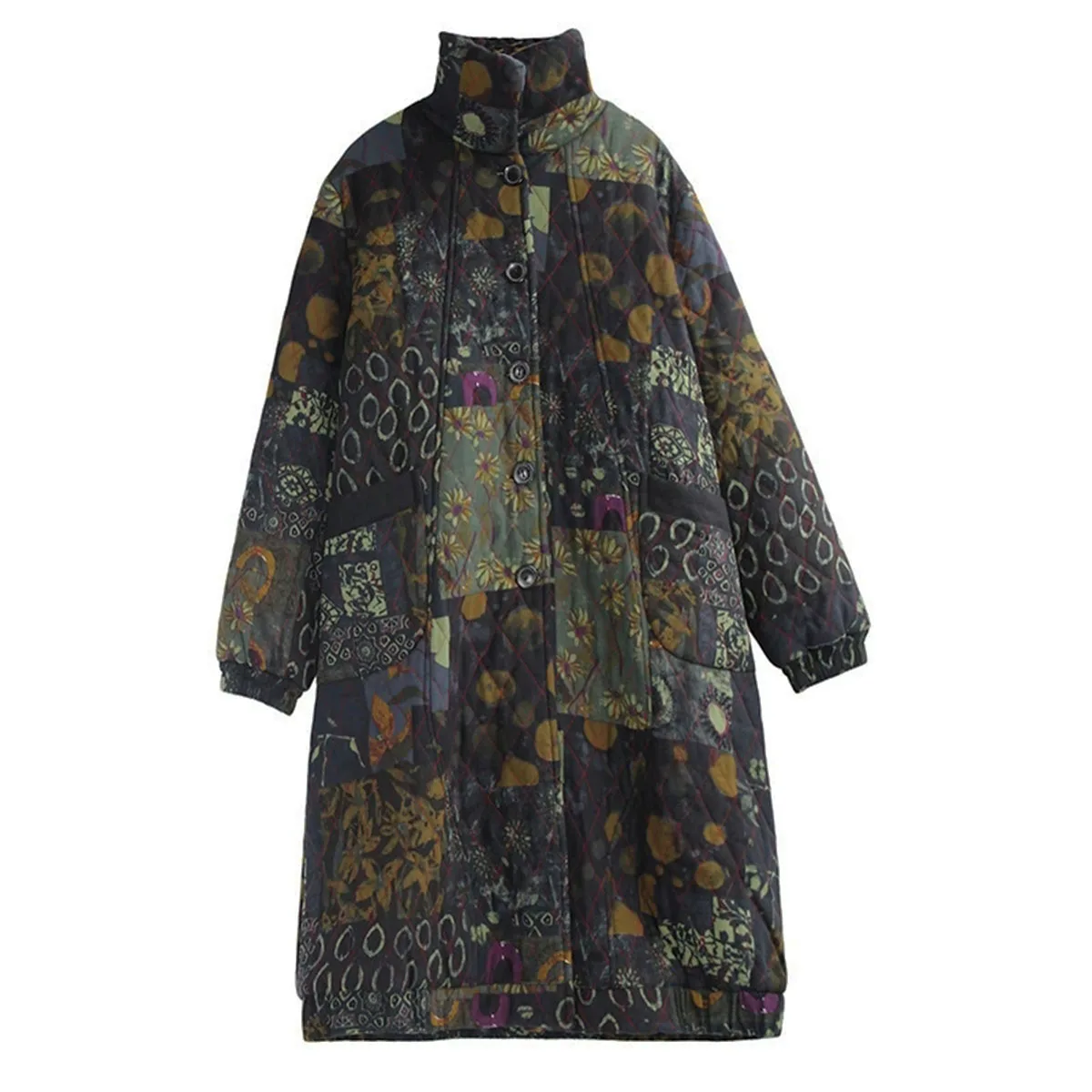 Women Fleece Lined Loose Jacket Boho Flower Printed High collar Button Down Retro Long Overcoat with Pockets Warm Winter Outwear