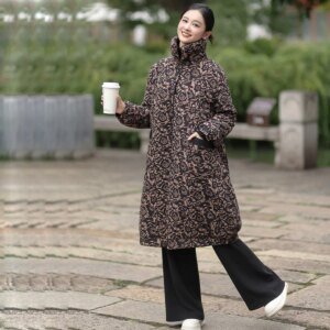 Women Fleece Lined Loose Jacket Boho Flower Printed High collar Button Down Retro Long Overcoat with Pockets Warm Winter Outwear