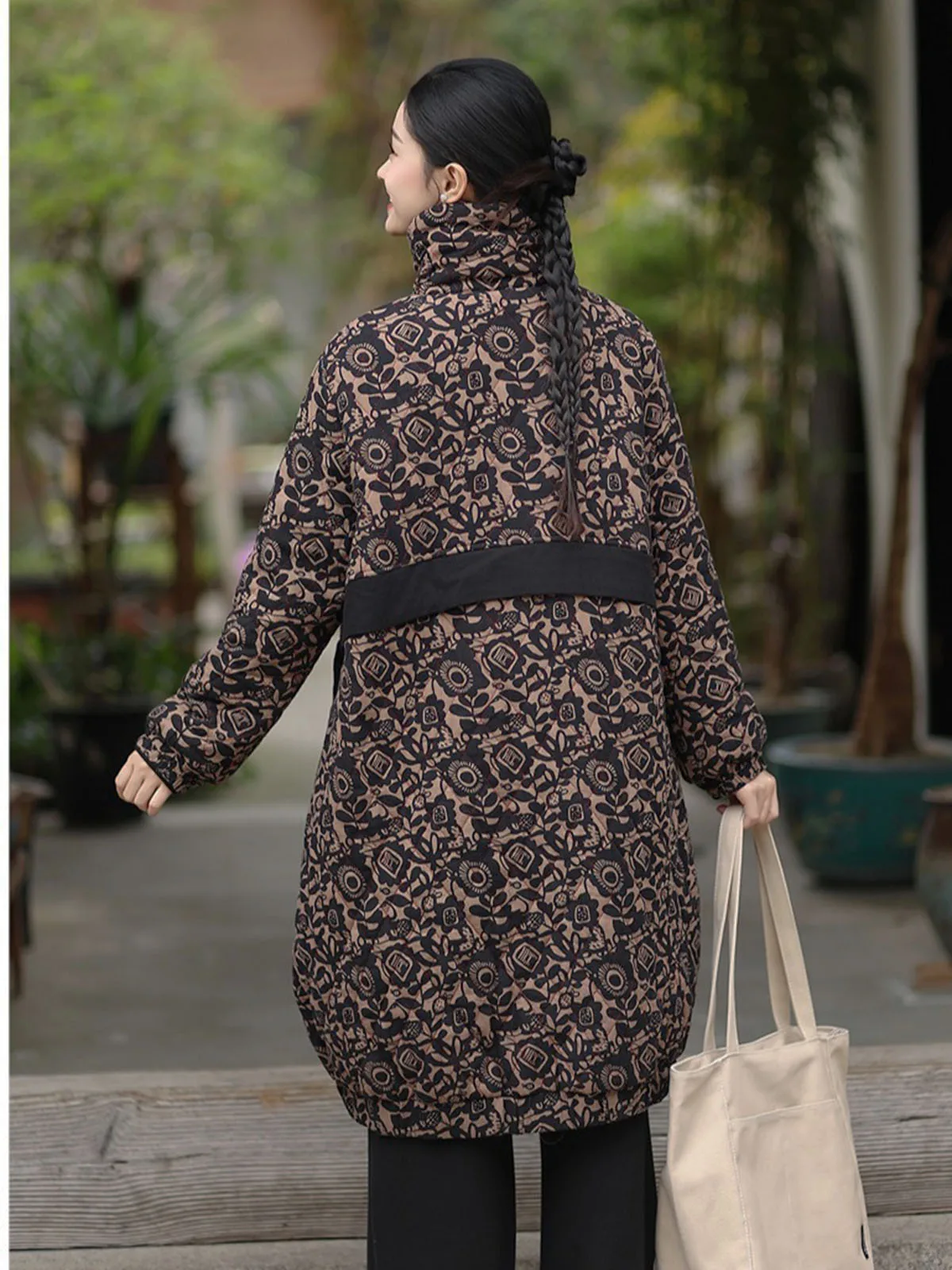 Women Fleece Lined Loose Jacket Boho Flower Printed High collar Button Down Retro Long Overcoat with Pockets Warm Winter Outwear