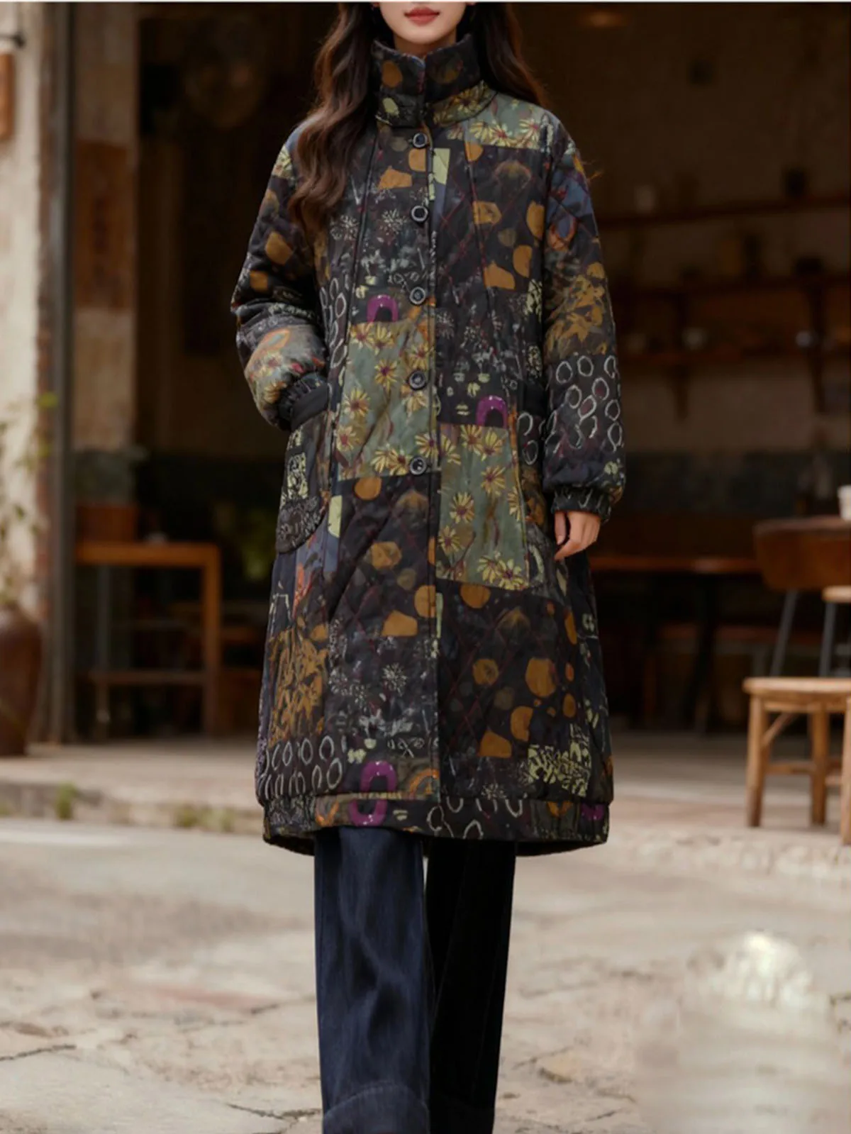 Women Fleece Lined Loose Jacket Boho Flower Printed High collar Button Down Retro Long Overcoat with Pockets Warm Winter Outwear