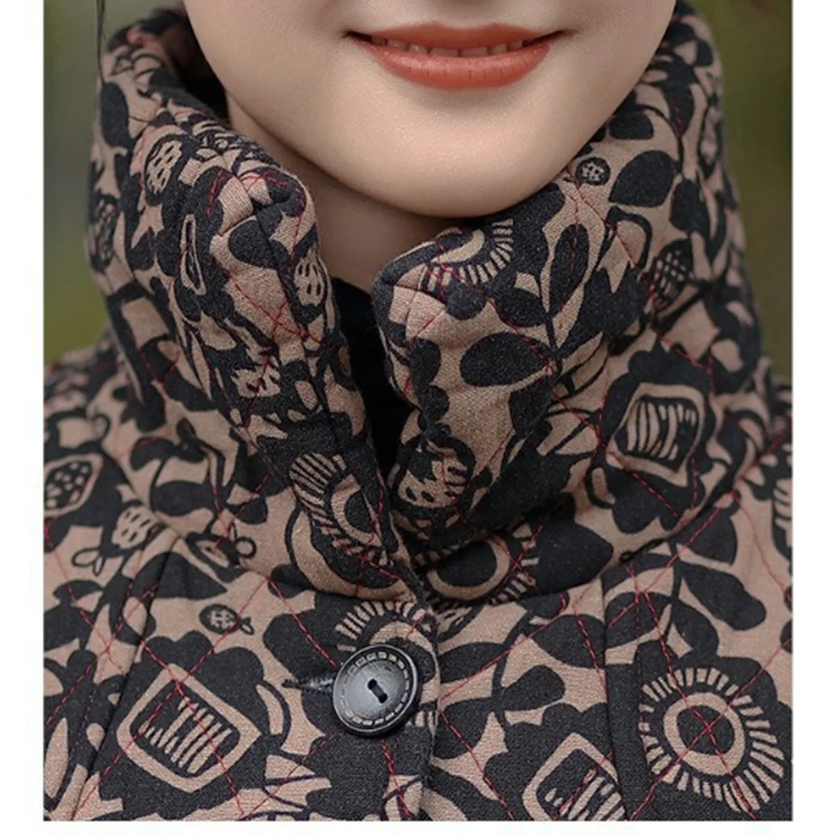 Women Fleece Lined Loose Jacket Boho Flower Printed High collar Button Down Retro Long Overcoat with Pockets Warm Winter Outwear