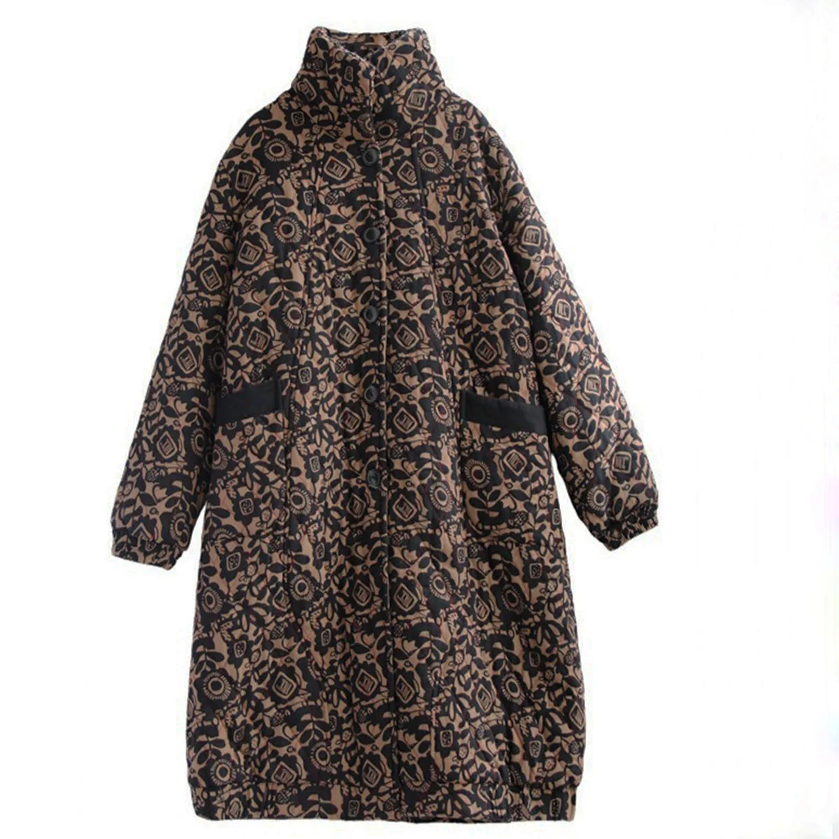 Women Fleece Lined Loose Jacket Boho Flower Printed High collar Button Down Retro Long Overcoat with Pockets Warm Winter Outwear