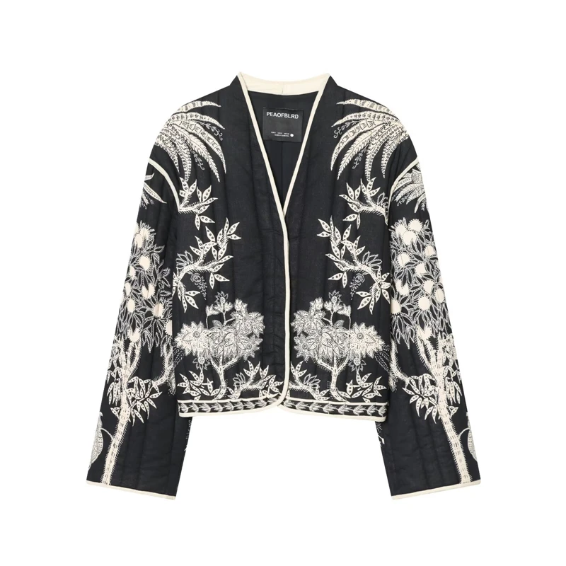 Women's Black & White Floral Embroidered Jacket - Open Front, Long Sleeve, Vintage Boho Casual Outerwear