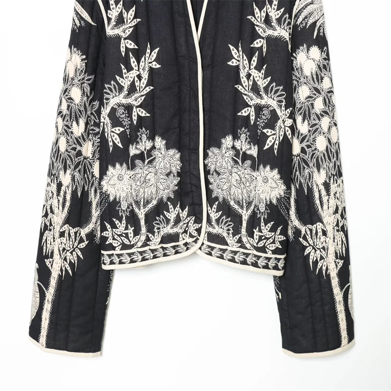 Women's Black & White Floral Embroidered Jacket - Open Front, Long Sleeve, Vintage Boho Casual Outerwear