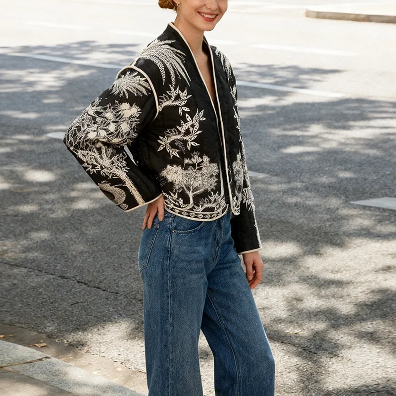 Women's Black & White Floral Embroidered Jacket - Open Front, Long Sleeve, Vintage Boho Casual Outerwear