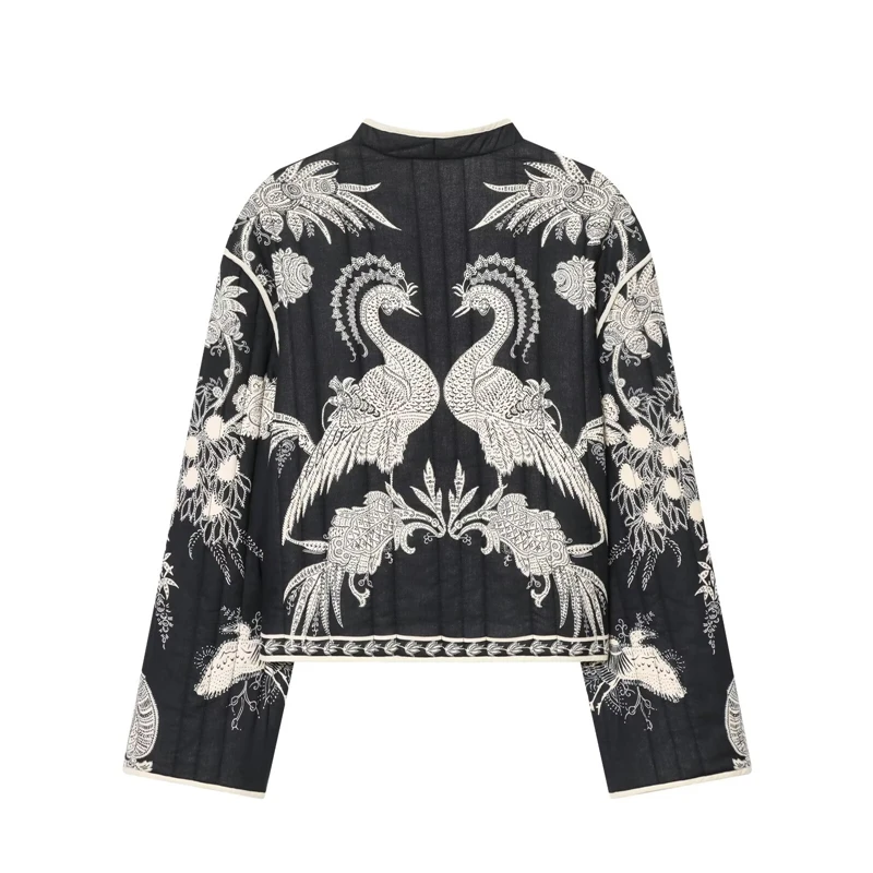 Women's Black & White Floral Embroidered Jacket - Open Front, Long Sleeve, Vintage Boho Casual Outerwear