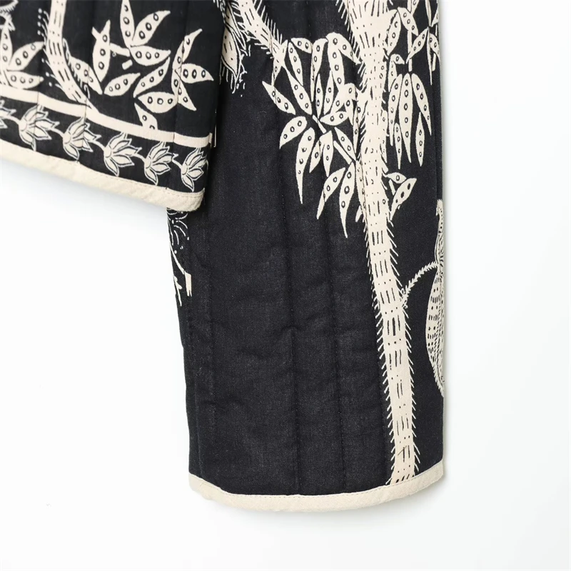 Women's Black & White Floral Embroidered Jacket - Open Front, Long Sleeve, Vintage Boho Casual Outerwear