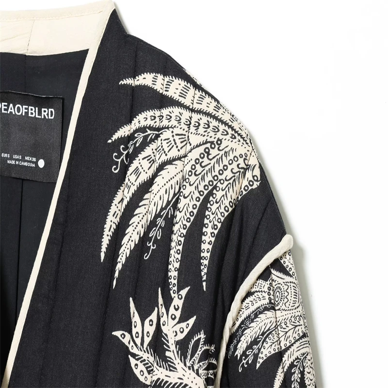 Women's Black & White Floral Embroidered Jacket - Open Front, Long Sleeve, Vintage Boho Casual Outerwear
