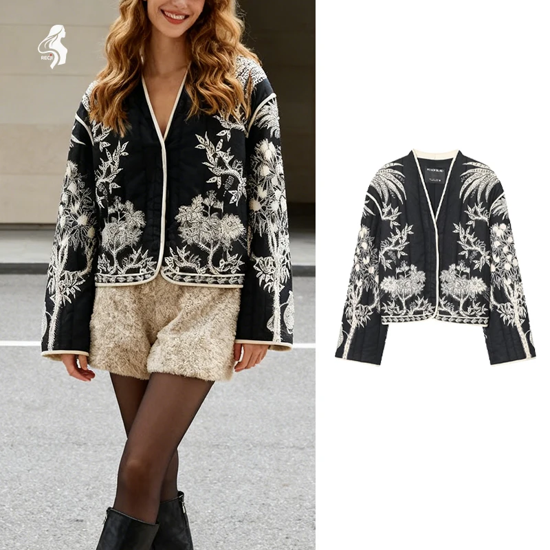 Women's Black & White Floral Embroidered Jacket - Open Front, Long Sleeve, Vintage Boho Casual Outerwear