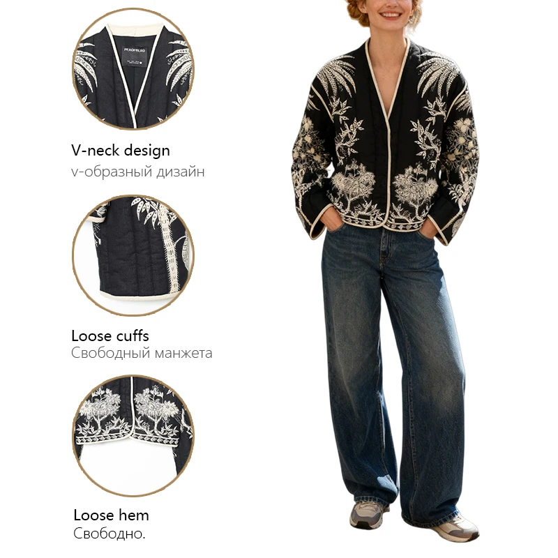 Women's Black & White Floral Embroidered Jacket - Open Front, Long Sleeve, Vintage Boho Casual Outerwear