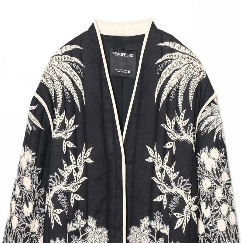 Women's Black & White Floral Embroidered Jacket - Open Front, Long Sleeve, Vintage Boho Casual Outerwear