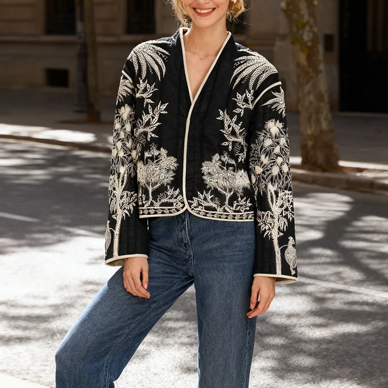Women's Black & White Floral Embroidered Jacket - Open Front, Long Sleeve, Vintage Boho Casual Outerwear