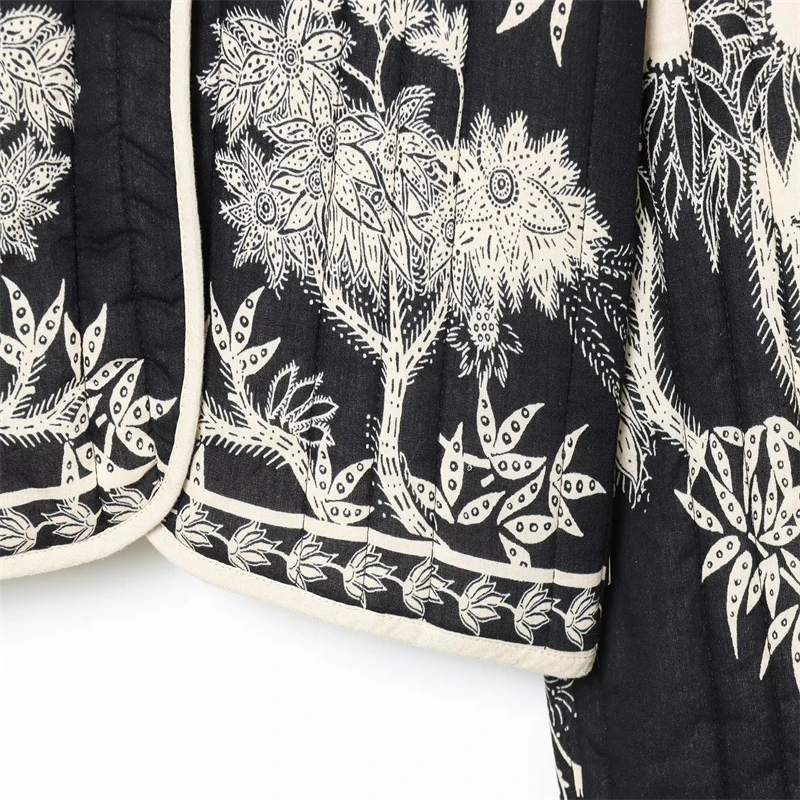 Women's Black & White Floral Embroidered Jacket - Open Front, Long Sleeve, Vintage Boho Casual Outerwear