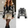 Women's Black & White Floral Embroidered Jacket - Open Front, Long Sleeve, Vintage Boho Casual Outerwear