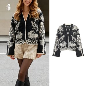 Women's Black & White Floral Embroidered Jacket - Open Front, Long Sleeve, Vintage Boho Casual Outerwear
