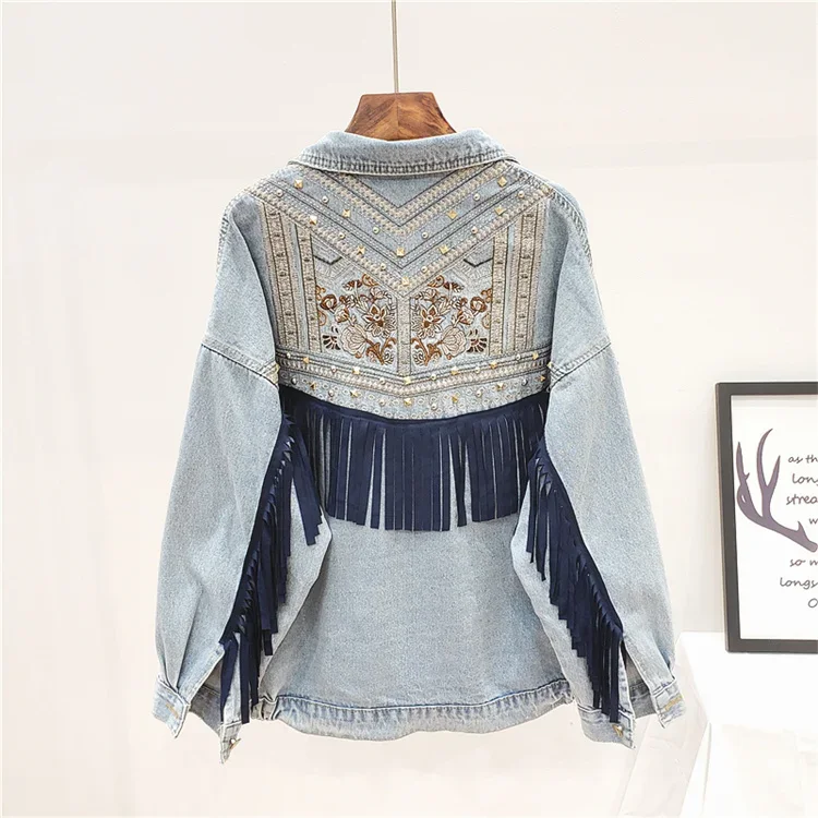 Bohemia Rivet Embroidery Tassels Denim Jacket Women Cowboy Outerwear Spring Autumn Vintage Blue Big Pocket Jeans Jacket Female