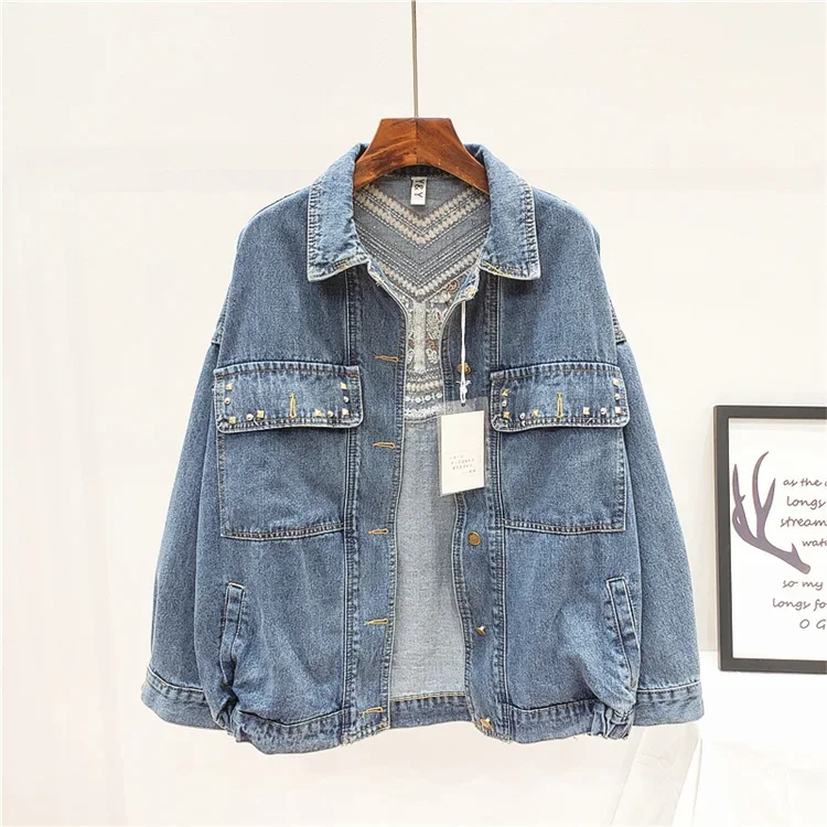 Bohemia Rivet Embroidery Tassels Denim Jacket Women Cowboy Outerwear Spring Autumn Vintage Blue Big Pocket Jeans Jacket Female