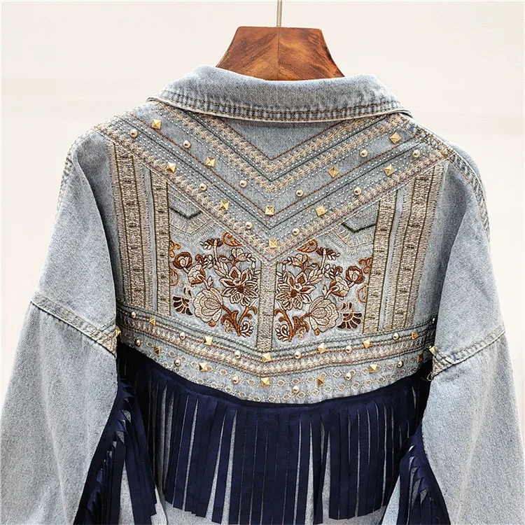 Bohemia Rivet Embroidery Tassels Denim Jacket Women Cowboy Outerwear Spring Autumn Vintage Blue Big Pocket Jeans Jacket Female