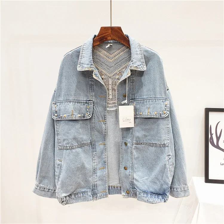 Bohemia Rivet Embroidery Tassels Denim Jacket Women Cowboy Outerwear Spring Autumn Vintage Blue Big Pocket Jeans Jacket Female