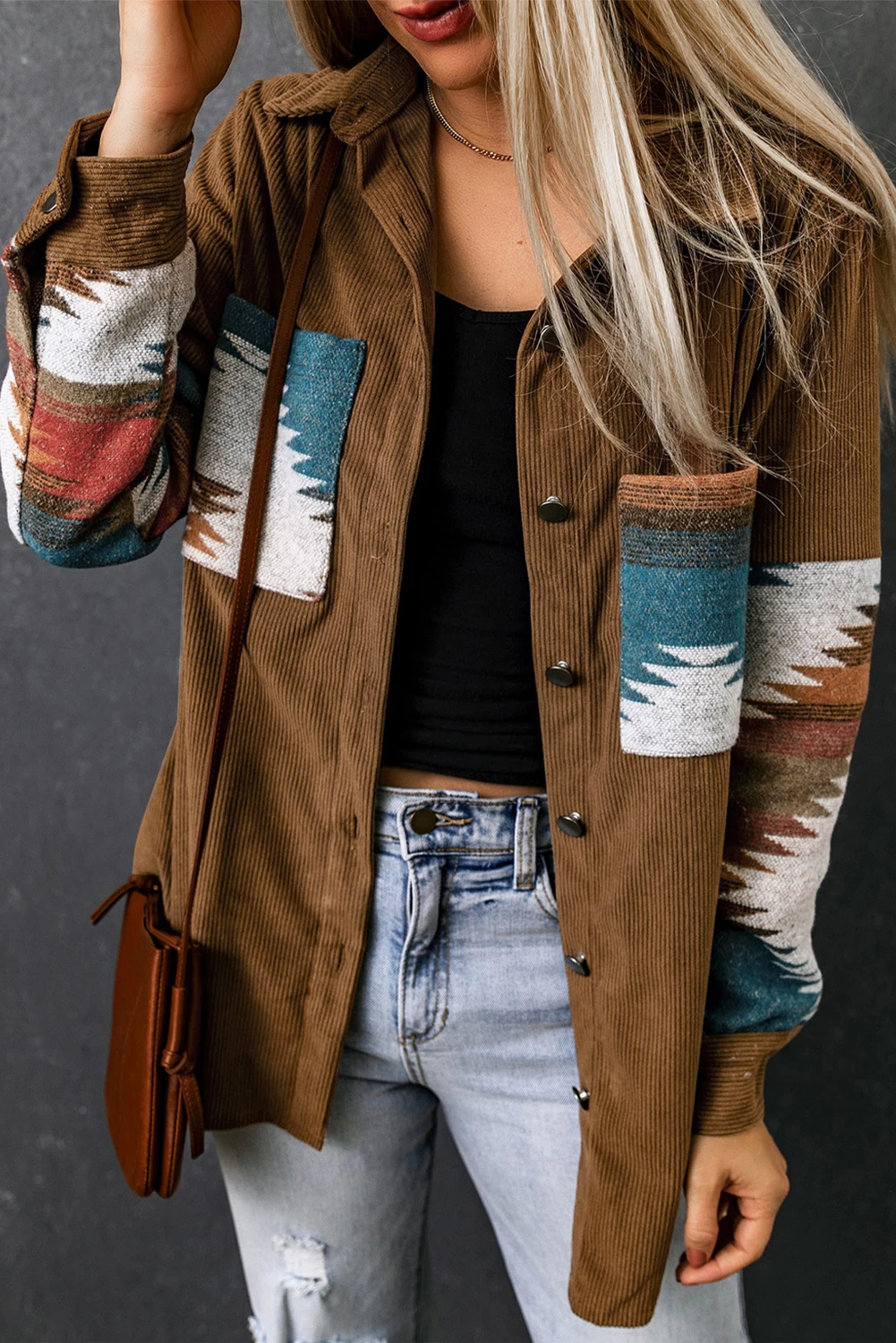 KHALEE YOSE Khaki Aztec Pattern Corduroy Jacket Shacket Autumn Spring Long Sleeve Pocket Boho Vintage Loose Long Ladies Jacket