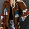 KHALEE YOSE Khaki Aztec Pattern Corduroy Jacket Shacket Autumn Spring Long Sleeve Pocket Boho Vintage Loose Long Ladies Jacket