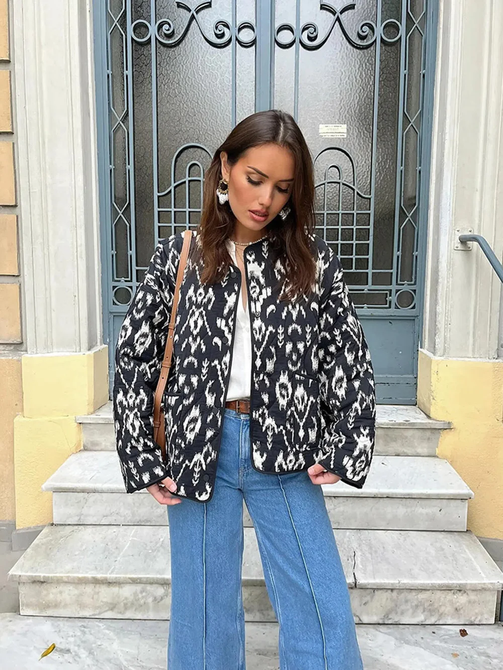 Women's Quilted Round Collar Jacket Autumn and Winter New Bohemian Style Short Printed Jacket Fashion Temperament Women's