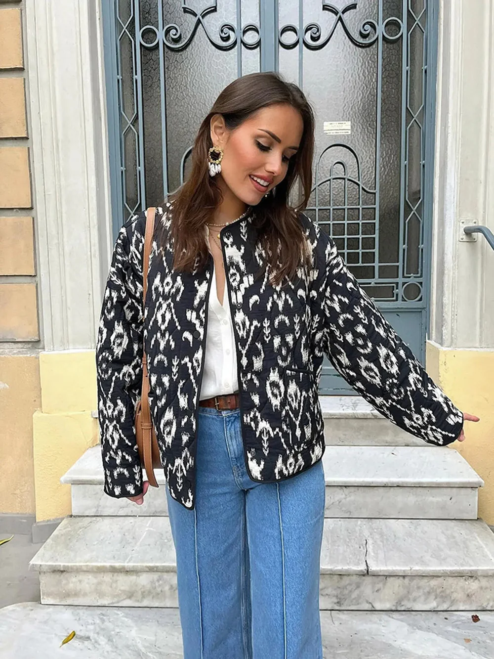 Women's Quilted Round Collar Jacket Autumn and Winter New Bohemian Style Short Printed Jacket Fashion Temperament Women's