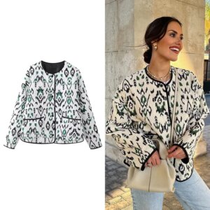 Women's Quilted Round Collar Jacket Autumn and Winter New Bohemian Style Short Printed Jacket Fashion Temperament Women's