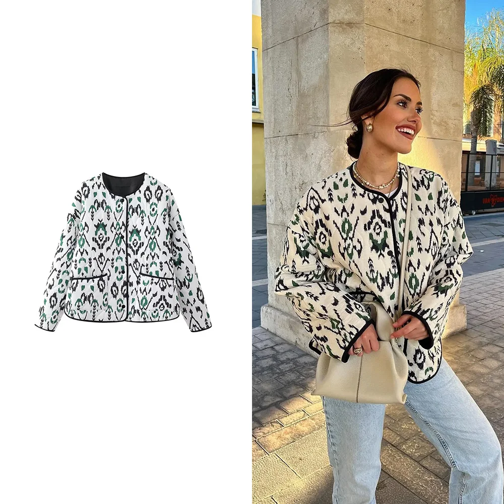 Women's Quilted Round Collar Jacket Autumn and Winter New Bohemian Style Short Printed Jacket Fashion Temperament Women's