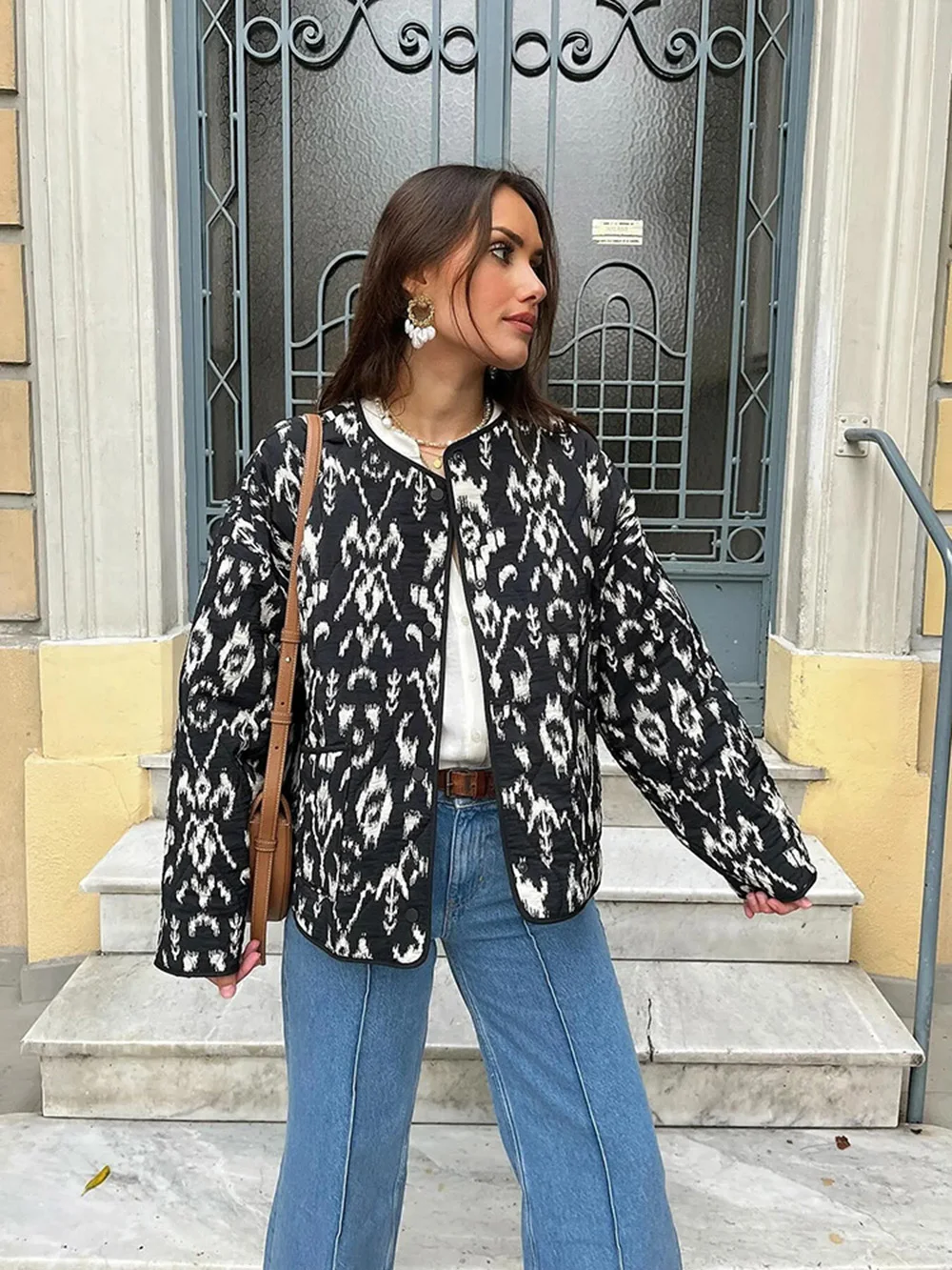 Women's Quilted Round Collar Jacket Autumn and Winter New Bohemian Style Short Printed Jacket Fashion Temperament Women's