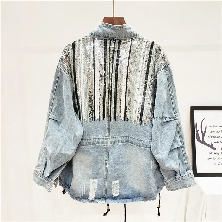 Autumn Women New Boho Camouflage Sequins Holes Denim jacket Outwear Lace up Jeans jackets Casual Bomber Jacket Jaquetas Feminina