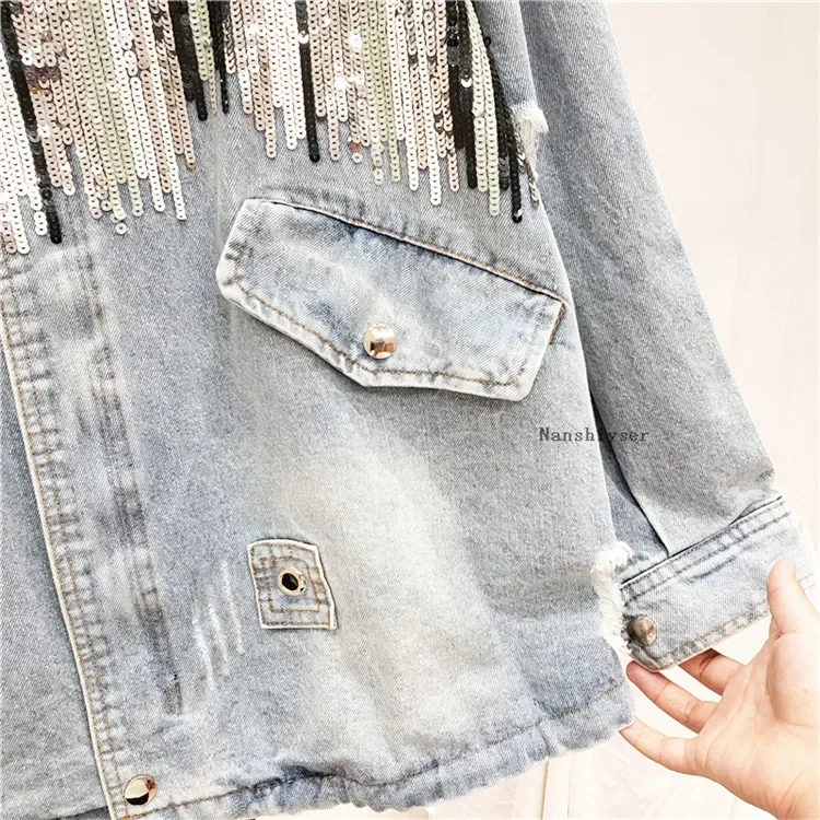 Autumn Women New Boho Camouflage Sequins Holes Denim jacket Outwear Lace up Jeans jackets Casual Bomber Jacket Jaquetas Feminina