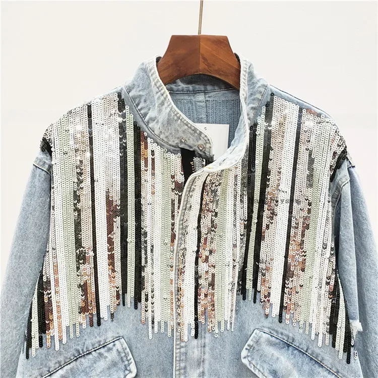 Autumn Women New Boho Camouflage Sequins Holes Denim jacket Outwear Lace up Jeans jackets Casual Bomber Jacket Jaquetas Feminina