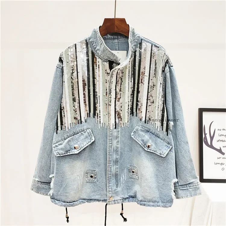 Autumn Women New Boho Camouflage Sequins Holes Denim jacket Outwear Lace up Jeans jackets Casual Bomber Jacket Jaquetas Feminina
